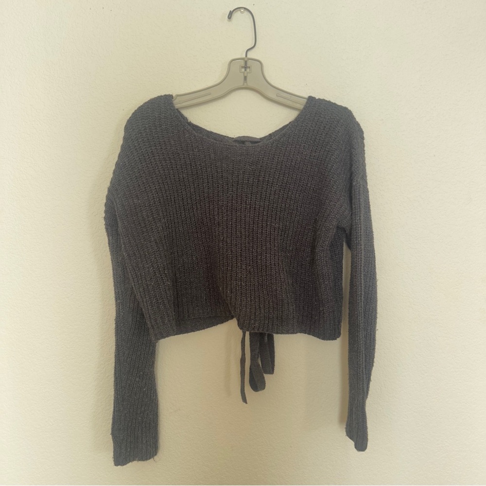 Dark gray knit cropped sweater with lace-up back